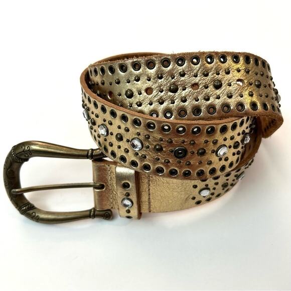 Fossil Gold Metallic Leather Belt, Studded with Rhinestones and Grommets, Size S - Picture 3 of 16